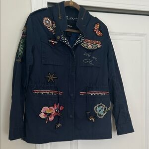 Navy Embroidered Utility Jacket with Floral Patches boston proper
